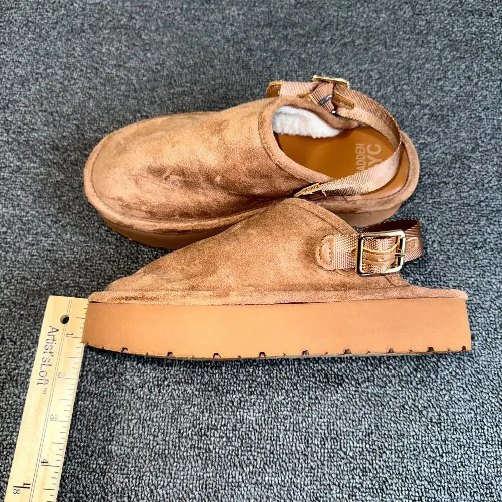 Madden NYC Platform Clogs Girl 3 Brown Suede Faux Shearling‎ Lining Buckle Strap